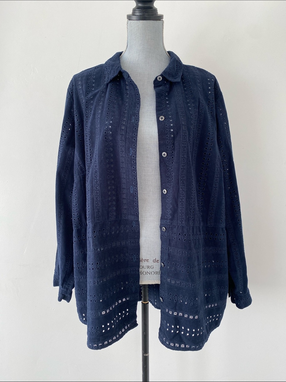 J. Jill Corduroy Eyelet Button Down Shirt Navy 2X Layering Cottage Boho Chic